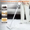 A person is using a white cordless vacuum cleaner on a fluffy white rug. Inset images show hair, dust, and cat litter being vacuumed. Náhled obrázku produktu