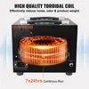 A close-up view of a toroidal coil inside a black transformer unit, with promotional text and graphics. Produktbild-Vorschau