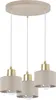 A three-light pendant lamp with beige fabric shades and gold accents, shown against a white background. Produktbild-Vorschau
