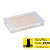 A transparent plastic organizer box with yellow dividers, shown from a slightly elevated angle. Voir les images du produit
