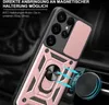 A rose gold phone case with a ring holder and camera cover is shown attached to a car vent mount. Produktbild-Vorschau