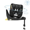 A black and gray child car seat is shown on a white background, with blue arrows indicating 360-degree rotation and text highlighting its features. Produktbild-Vorschau