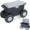 A black and gray garden and hobby wagon with large wheels, shown on a white background. A smaller inset image shows the wagon with its lid removed and a separate tray. Produktbild-Vorschau