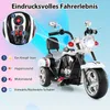 A marketing image showcasing a children's electric police motorcycle with callouts highlighting its features. Náhľad obrázku produktu