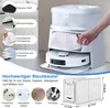 A robot vacuum docking station with a hand inserting a dust bag, surrounded by feature callouts and product detail images. Produktbild-Vorschau
