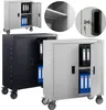A collage of metal storage cabinets with wheels, some open to show files inside. Produktbild-Vorschau