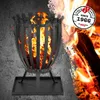 A black metal fire pit with flames inside, set against a textured gray background with a fiery orange and white overlay on the right side. Produktbild-Vorschau