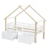A white and wood house-shaped bed frame with two drawers underneath, shown against a white background. Voir les images du produit