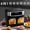 A multi-functional air fryer with a roasted chicken and french fries visible inside its compartments, along with food items on a table. Produktbild-Vorschau