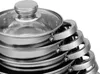 A stack of stainless steel pots with glass lids, viewed from a close-up angle. Náhled obrázku produktu