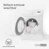 A washing machine with its door open and laundry inside, next to text about being washable at home. Produktbild-Vorschau