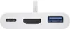 A close-up view of a white USB-C hub with three ports: a USB-C port, an HDMI port, and a USB-A port. Produktbild-Vorschau