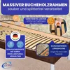 A close-up view of a wooden bed frame with slats, highlighting its features with text overlays and icons. Produktbild-Vorschau