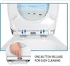 Close-up of a toilet seat with a hand pressing a button, illustrating a feature. Produktbild-Vorschau