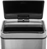 Close-up view of the top of an automatic stainless steel trash can with the lid open. Produktbild-Vorschau