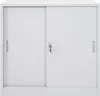 A white metal filing cabinet with sliding doors and a lock. Produktbild-Vorschau