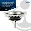 A close-up product shot of a sink strainer with descriptive text and branding. Produktbild-Vorschau
