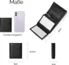 A collage of images showing a black leather wallet and a smartphone for size comparison, along with dimensions of the wallet. Produktbild-Vorschau