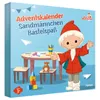 An illustration of a Sandmännchen character next to a table with craft supplies, a teddy bear, and building blocks, promoting an advent calendar. Produktbild-Vorschau