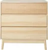 A front view of a light wood-tone chest of drawers with three drawers, the top drawer having a ribbed texture. Podgląd zdjęcia produktu