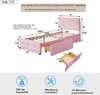 A diagram of a pink upholstered bed with dimensions and feature callouts, along with icons representing capacity, included tools, and assembly time. Náhled obrázku produktu