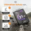 A black e-bike display device is shown on a cracked road surface with rocks and debris flying around it, suggesting protection against impacts and the elements. Produktbild-Vorschau