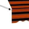 A close-up view of a retractable awning with orange and black stripes. Produktbild-Vorschau