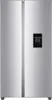 A front view of a silver side-by-side refrigerator with a water dispenser on the right door. Produktbild-Vorschau