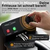 Close-up of a person's hand adjusting the temperature dial on a black deep fryer, with indicator lights and text overlays highlighting features. Produktbild-Vorschau