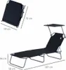 A black folding sun lounger with a canopy, shown both folded and unfolded, with dimensions indicated. Produktbild-Vorschau