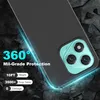 A close-up marketing image of a black phone case with a teal camera cutout, set against a dark, cracked background. Text overlays highlight features like '360° Mil-Grade Protection', '10FT Height', '3500+ Drop Tests', and '0 Damage'. Produktbild-Vorschau