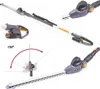 Collage of images showing a telescopic hedge trimmer from different angles and highlighting its adjustable head. Produktbild-Vorschau