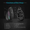 A diagram showing the functions of a gaming mouse, with the mouse itself displayed from two angles. Produktbild-Vorschau