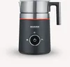 A black electric milk frother with a silver top and handle, set against a white background. Produktbild-Vorschau