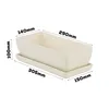 A white ceramic rectangular planter with a matching saucer, shown with dimensions indicated by text overlays. Produktbild-Vorschau