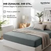 A bedroom scene with a bed made with a grey fitted sheet and decorative pillows and a throw blanket. Produktbild-Vorschau