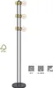 A floor lamp with three light bulbs and wooden accents, shown against a white background with icons below. Produktbild-Vorschau