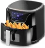 A black air fryer with a basket full of french fries, displaying temperature and icons on a digital screen. Náhled obrázku produktu