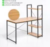 A product image of a desk with shelves, featuring marketing text and a close-up of the wood grain. Produktbild-Vorschau