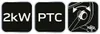 Three black squares with white text and graphics, representing product features. Voir les images du produit