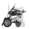 A folded electric wheelchair shown in profile against a white background. Ghosted images of the unfolded wheelchair are superimposed to show its different positions. Náhľad obrázku produktu