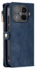 A close-up view of a blue leather phone case with a zipper and a camera module. Produktbild-Vorschau