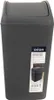 A dark gray Orion trash can with a flip lid, shown against a white background. A label with product information and a smaller image of the trash can is attached to the side. Produktbild-Vorschau