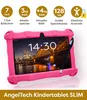 A pink children's tablet with a stylus, displayed with feature callouts at the top and product name at the bottom. Produktbild-Vorschau