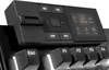 A close-up view of a black keyboard with a control module featuring a screen and buttons. Produktbild-Vorschau