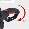 Close-up of a black and red handle of a power tool, with a red curved arrow indicating rotation. Produktbild-Vorschau