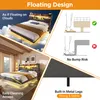 Collage of images showcasing a bed with floating design, LED lights, and easy cleaning access, along with diagrams illustrating no bump risk and built-in metal legs. Produktbild-Vorschau