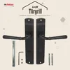 A product image showcasing a pair of black door handles with accompanying hardware, set against a light beige background with subtle graphic elements. Produktbild-Vorschau