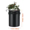 A black hydroponic bucket system with a plant growing out of the top, with dimensions indicated by text overlays. Podgląd zdjęcia produktu