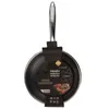 A black frying pan with a honeycomb pattern on its surface, displayed against a white background. The pan has a silver handle and is partially covered by a black cardboard tag with product information and images. Náhľad obrázku produktu